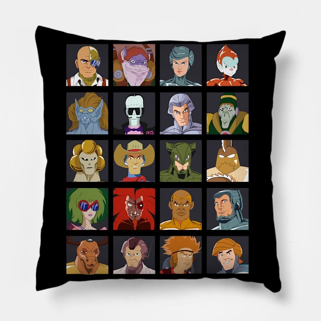 SilverHawks Characters. Quicksilver, Steelheart, Steelwill, Mon*Star, Hardware, Timestopper, Yes-Man, Smiley and many more! Pillow by DaveLeonardo