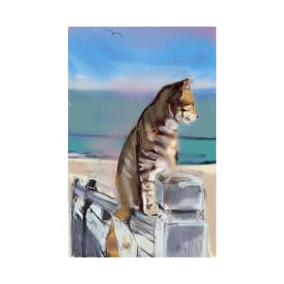 Cat on a fence by the coast T-Shirt