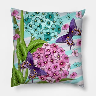 Hydrangea Flowers And Swallowtail Butterflies Pillow