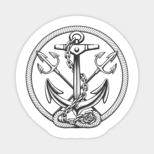 Ship anchor with tridents and ropes engraving illustration Magnet