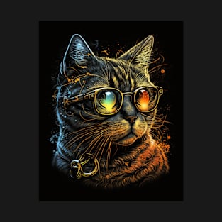 Retro Cat Art Wearing Glasses Splash Abstract Vibe Watercolor Vintage T-Shirt