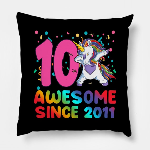 Awesome Since 2011 Dabbing Unicorn 10 year old 10th Birthday Pillow by FunnyUSATees