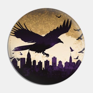 Raven over Baltimore Skyline T-Shirt: A Striking Cutout Tribute in Purple, Black, and Gold Pin