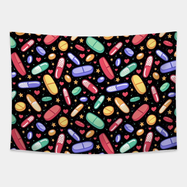 Colorful Pills on Black Tapestry by Spookish Delight