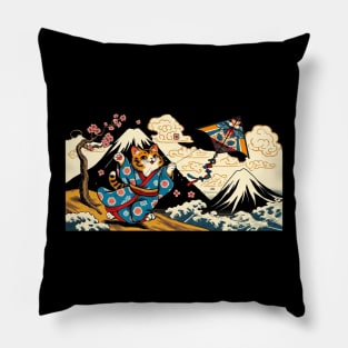 Vintage Japanese Art Kite Lover Mountain Mt. Fuji Cute Cat Pillow