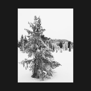 Black and White Shot of Snow-Covered Fir Tree in Frozen Winter Landscape T-Shirt