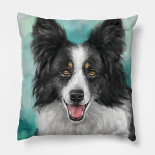 Painting of a Smiling Black and White Border Collie Dog on a Turquoise Background Pillow