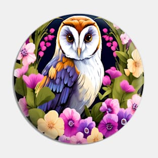 Cute European Barn Owl Surrounded by Bold Vibrant Spring Flowers Pin