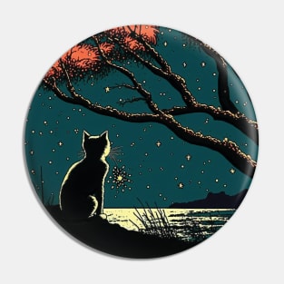Black Cat Sitting by a Lake on a Starry Night Pin