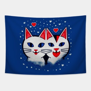 2 White Heart Cats Tapestry