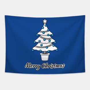 Elegant White Christmas Tree with Blue Decorations - Merry Christmas Tapestry