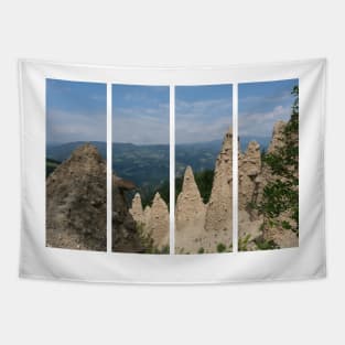 The incredible earth pyramids of Collepietra (Piramidi di Terra) in the Dolomites. Striking place. Italian Alps. Sunny spring day with no people. Valley in the background. Trentino Alto Adige. Tapestry