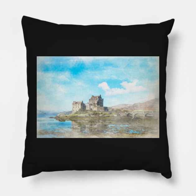 Eilean Donan Castle Watercolour Pillow by RosNapier