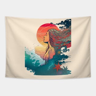 Ocean Waves And Girl With A Smiley Face, Hippie Style Tapestry