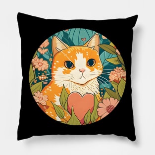 Bright Eyed Orange Kitty With Heart Filled Flowers - Cat Lover Pillow