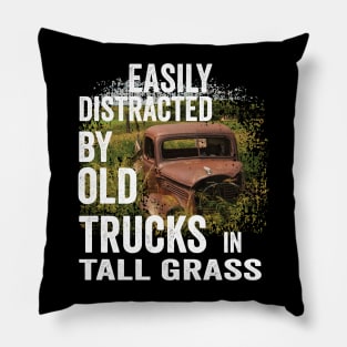 Vintage Retro: Easily Distracted by Old Trucks in Tall Grass Pillow