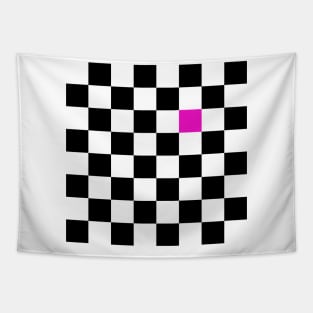 Checkered Black and White with One Hot Pink Square Tapestry