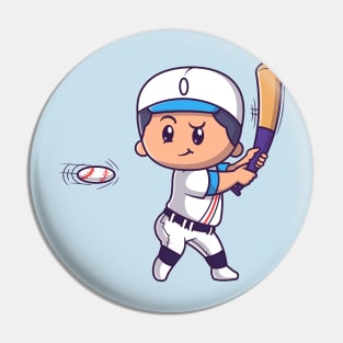 Cute Boy Playing Baseball Cartoon Pin