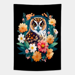 A Cute Short Eared Owl Surrounded by Bold Vibrant Spring Flowers Tapestry