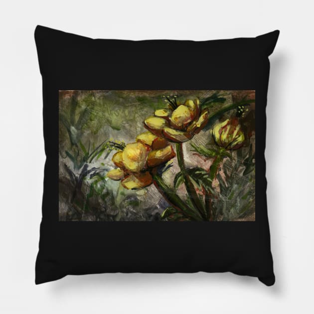 Magic - Gouache painting of Flowers , fairy tale like paint yellow green traditional illustration nature floral pretty Pillow by IrenesGoodies