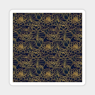 Gold texture graphic floral water lilies pattern on navy blue background Magnet