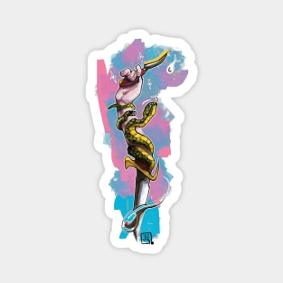 neo traditional knife and hand and snake on pop background Magnet