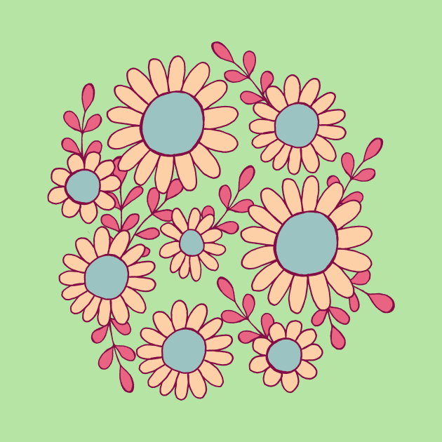 Retro 70s daisy flowers botanical design in green, pink and blue by Natalisa