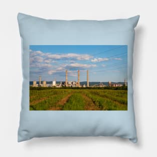 Blue cloudy sky over factory, industrial zone, Romania Pillow