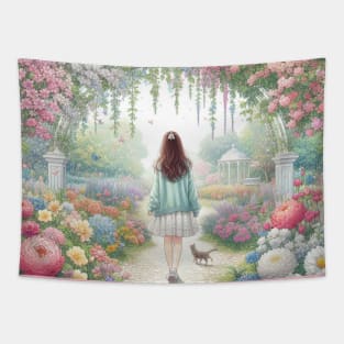 Sweet girl with a cat in the flower garden Tapestry