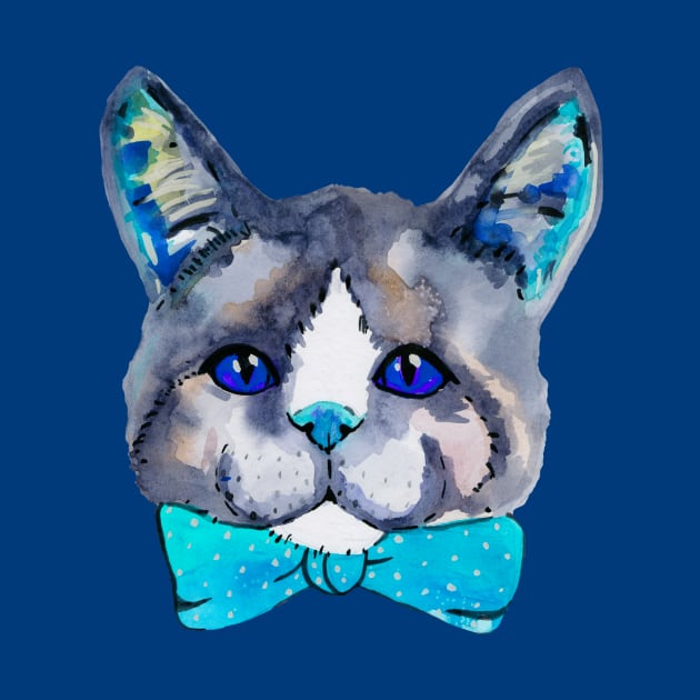 Blue watercolor cute kitty cat by deadblackpony