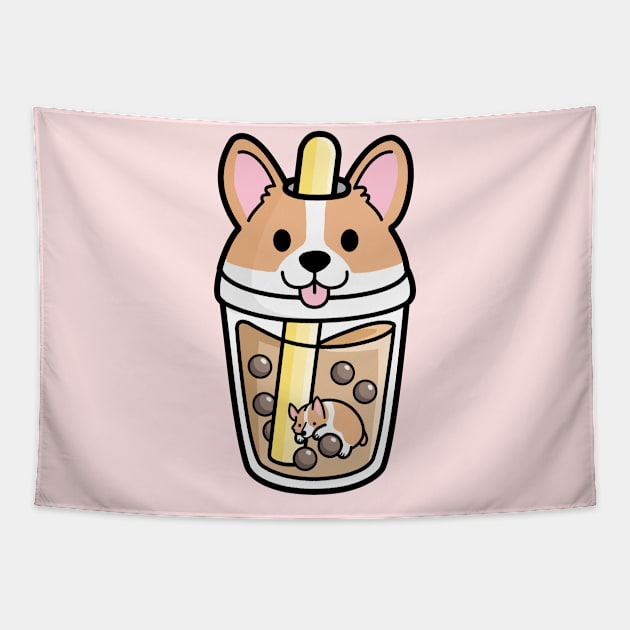 Kawaii Corgi Bubble Tea Tapestry by SuperrSunday