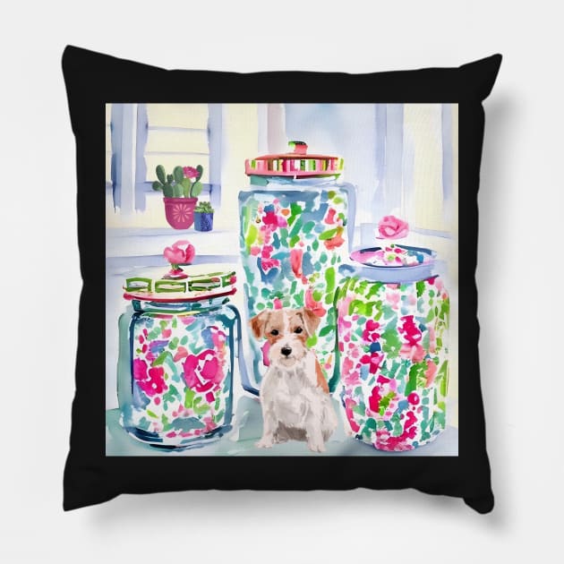 Jack Russell among chinoiserie jars watercolor Pillow by SophieClimaArt