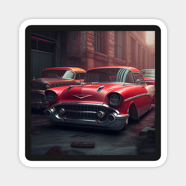 Vintage Verve: A Red Car on the Road Magnet by LukeAiWalker