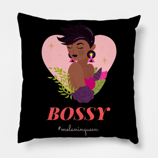 Bossy Melanin Queen Girl Empowerment Pillow by Art Deck