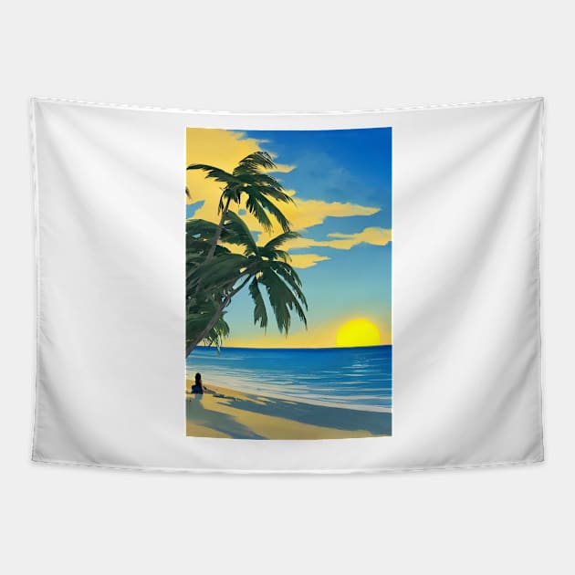 Girl Summer Sunset Palm Tree Beach Ocean Artistic Paradise Tapestry by Trendy-Now