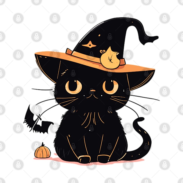 Cute black Halloween kitty in a hat by RosaliArt