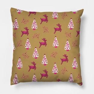 Pink reindeer and Christmas trees on gold Pillow