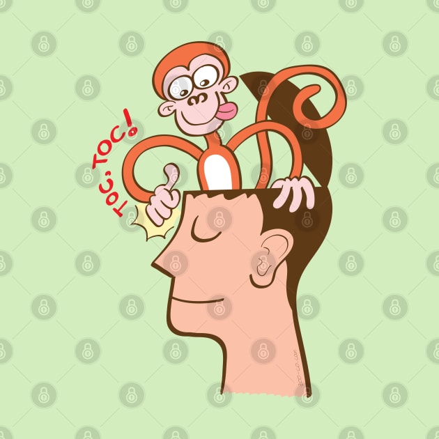 Let's meditate. Mad monkey knocking on the forehead of a man in meditation by zooco