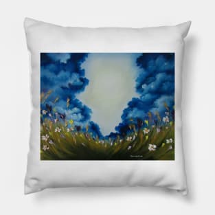 Skyscape, clouds art, flowers artwork, field of wild flowers print, nature landscape, sky of clouds, country decor, flowers decor Pillow