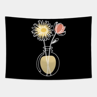 Daisy And Rose Flower Minimal Line Art Tapestry