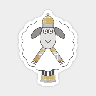 Cosy Winter Sheep With Metallic Tone Christmas Tartan Hat, Scarf and Boots Magnet