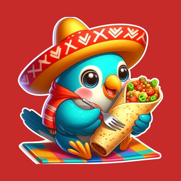 cute love birds are eating Mexican specialties, Tacos, Burritos, Enchiladas, Quesadillas, Guacamole, Fajitas, Chiles Rellenos, Tamales, Mole, Chilaquiles, by art poo