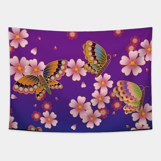 Japanese Butterflies Amid Sakura Blossoms (Blue & Purple) Tapestry by Mozartini