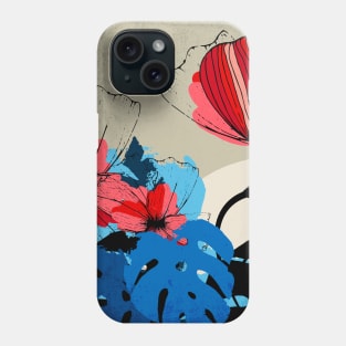 Flowers and Monstera Leaves – Floral illustration in red, blue and black Phone Case