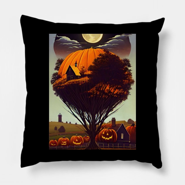 Halloween with tree, house,cornfield, moon, scarecrow Pillow by WhiteTeeRepresent