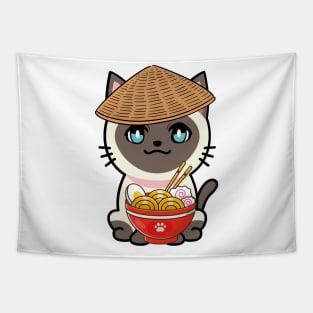 Funny siamese cat is eating noodles Tapestry