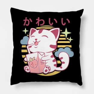 Kawaii Aesthetics Japanese Strawberry Milk Shake かわいい Cat - Purple - Strawberry Milk Pillow