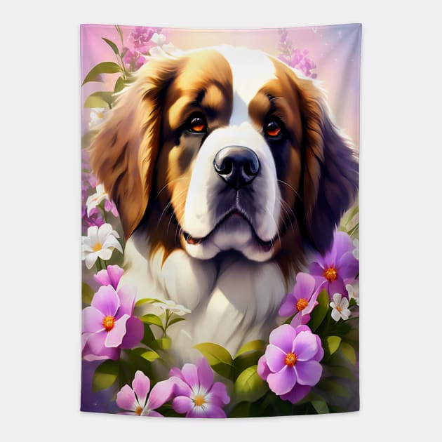 Saint Bernard Dog Surrounded by Beautiful Spring Flowers Tapestry by BirdsnStuff