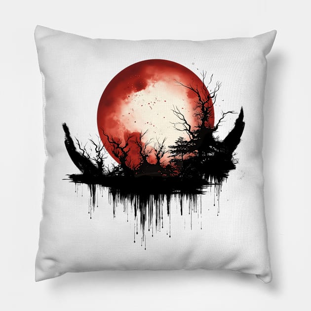 Blood Moon Dark Fantasy Art, Full Moon in Red Witch Gothic Pillow by Moonfarer