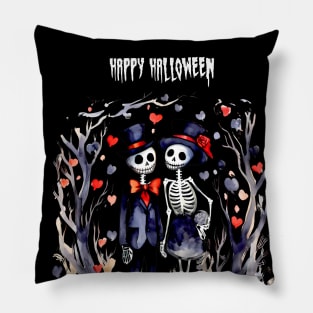 Happy Halloween: Halloween Skeletons in Love 2 on a Dark Background Pillow